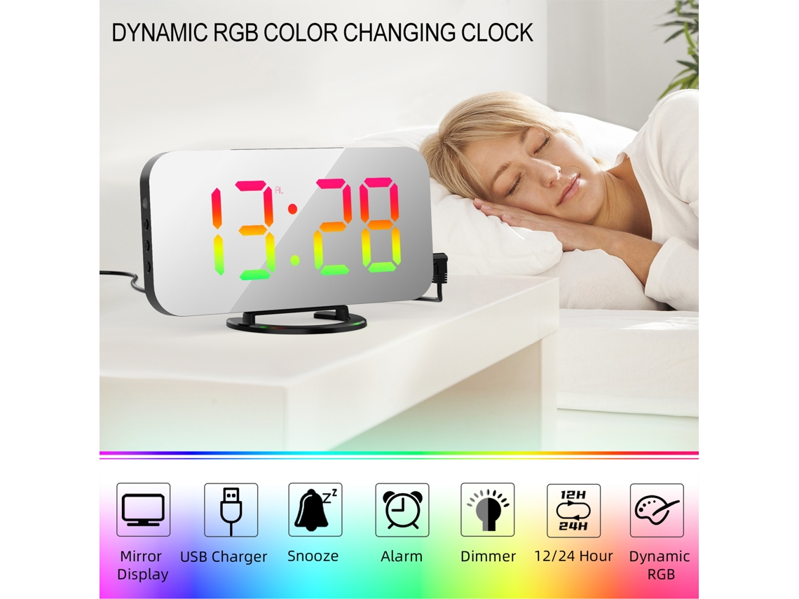 2026 Store-reloj Despertador Digital Con Luz Rgb Dinámica Dimmable, Función Snooze, Puerto Usb Y Espejo Para Dormitorio Oficina