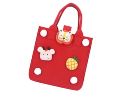 Bolsa De Compras Reutilizable De Fieltro Rojo Con Decoración De Animales Y Frutas.