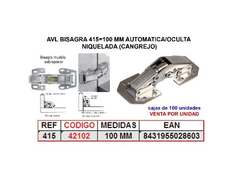 Avl bisagra 415 100 mm automatica-oculta niquelada (cangrejo)