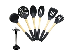 Conjunto de 6 utensílios de cozinha antiaderentes de silicone com cabo de madeira e suporte (modelo 2026).