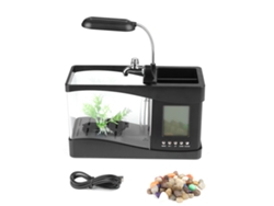 Acuario Pequeño Multifuncional Recargable Por Usb Con Luz Led, Reloj Y Portalápices Negro.