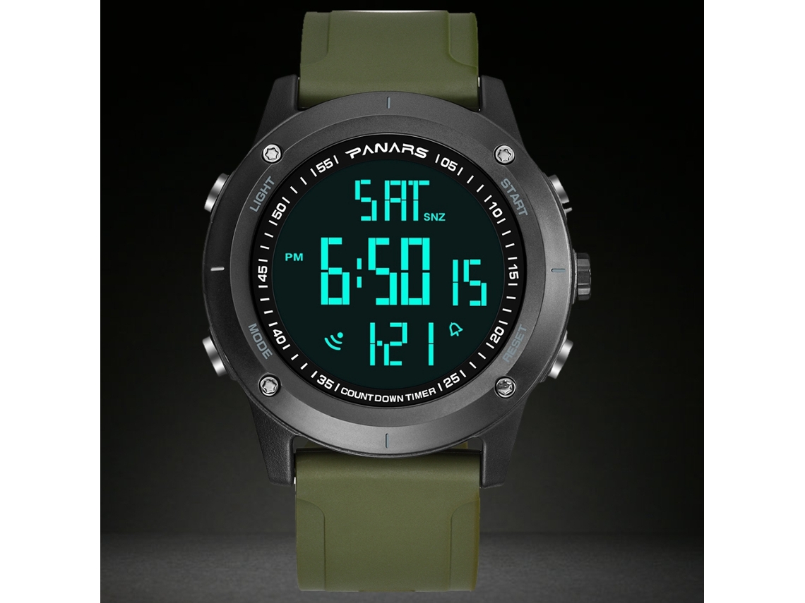 Reloj Digital Multifuncional Luminoso Panars, Resistente Al Agua Hasta 50 M, Con Correa De Pu (verde Militar).