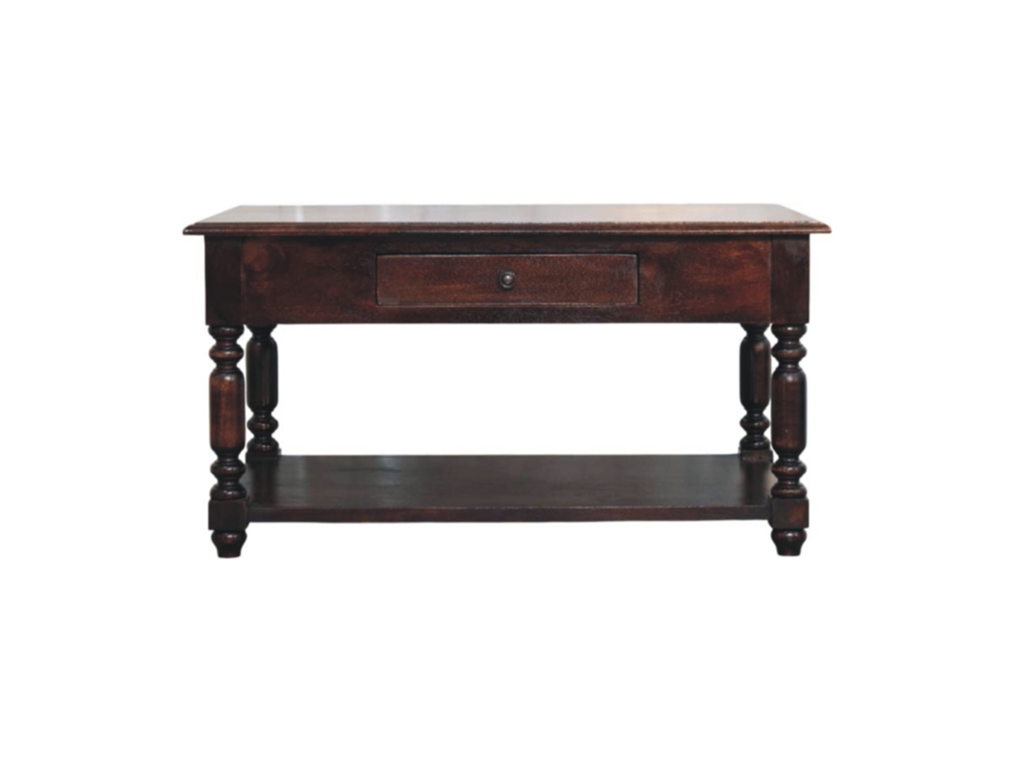 Consola de madera maciza con patas torneadas de cerezo, color marrón oscuro, 1 cajón y 1 compartimento de almacenaje. Muebles Artesanos.