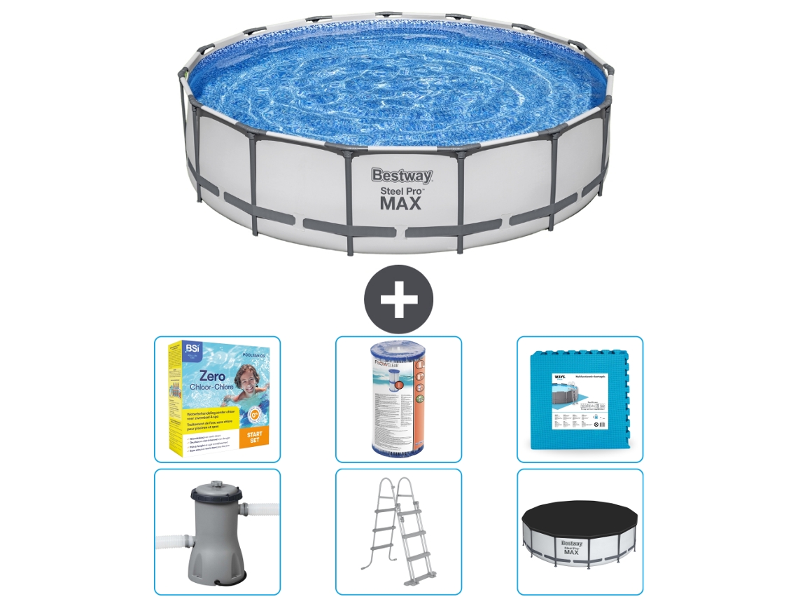 Piscina BESTWAY Round Steel Pro MAX - 457 x 107 cm - Gris - Incluida bomba - Escalera - Cobertor Paquete de mantenimiento - Filtrar - Baldosas
