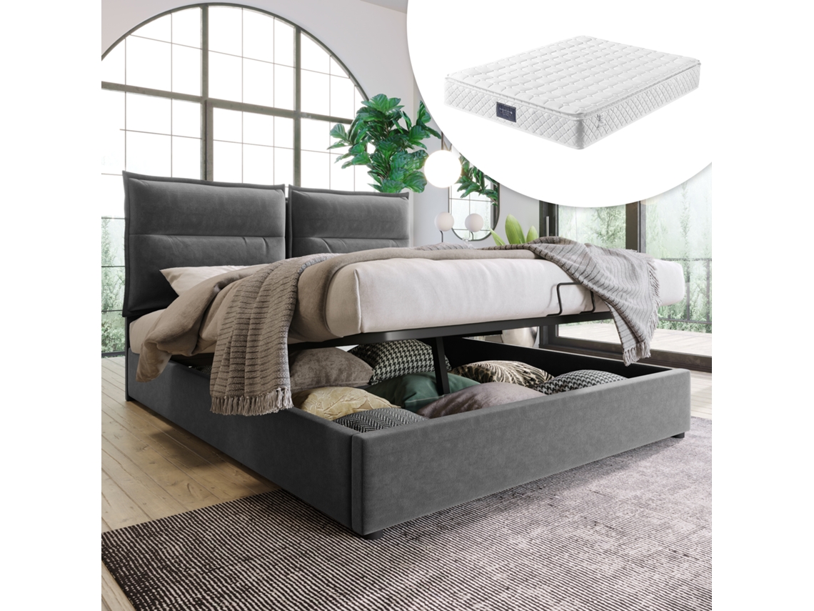Cama Hidráulica Gris De 140x200 Con Cabecero Led Y Colchón.