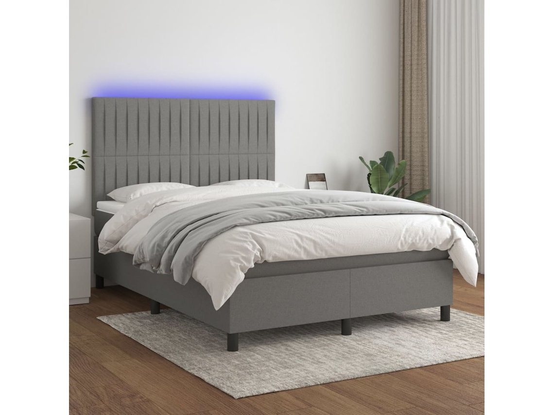 Cama Box Spring Colchón Y Luces Led Tela Gris Oscuro 140x190 Cm