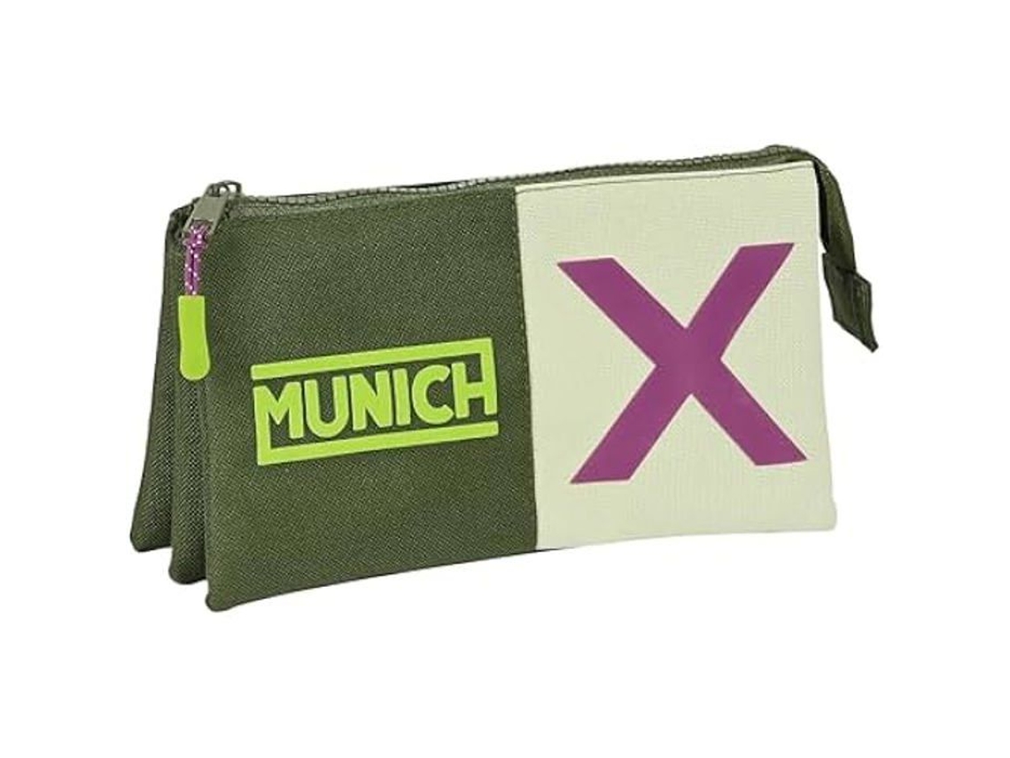 Estuche triple infantil Safta Munich caqui brillante, cómodo y versátil, 22 x 3 x 12 cm