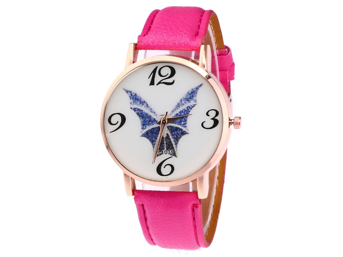 Reloj De Cuarzo Unisex Con Correa De Cuero Pu Zhoulianfa Dial Murciélago Rojo Rosa