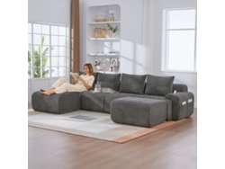 Sofá Modular De Pana 4 Plazas Con 2 Otomanas Y Portavasos, Color Gris Oscuro