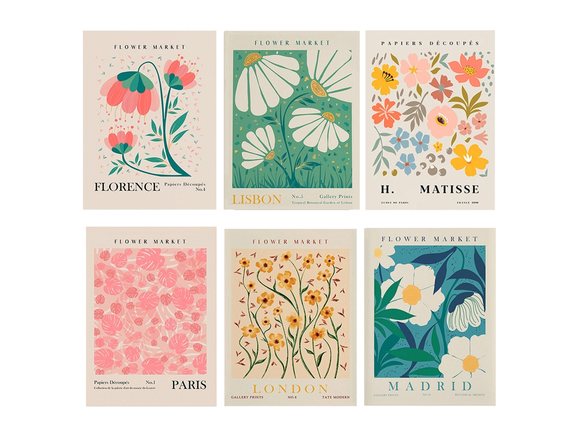 FNINIJEDE Pôster De Arte Floral Para Decoração De Parede, 6 Peças De Impressões Estéticas Coloridas Sem Moldura Para Quarto, Sala De Estar E Banheiro