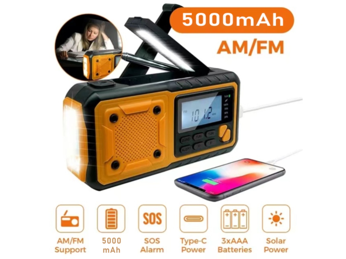 Radio portátil de emergencia de 5000 mAh con energía solar, manivela, radio multibanda AM/FM/SW, linterna LED, reproductor Viewleaf y banco de energía.