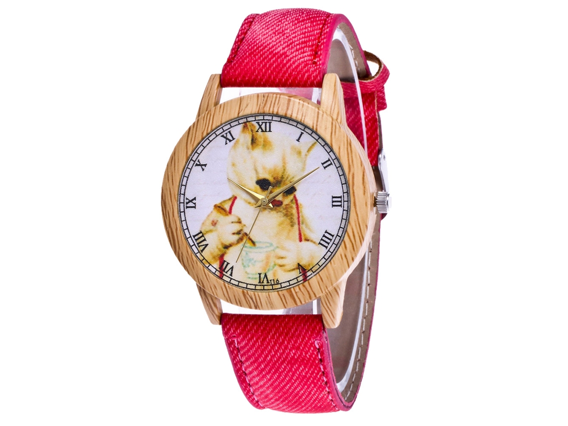 Reloj De Pulsera Zhoulianfa Vintage Con Estampado De Gato, Aleación, Cuarzo, Lona Roja, Para Parejas.