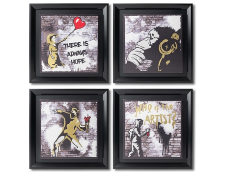 Cuadros Decoracion Salon Modernos BANKSY ARTE URBANO NEGRO ORO 30x30 cm x4 piezas - Set de Cuadros con Marco Negro. DEKOARTE