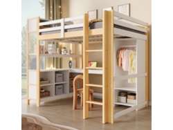 Cama Alta De 140x200 Cm Con Escritorio, Estantes, Armario Y Varios Compartimentos De Almacenamiento, En Madera Natural.