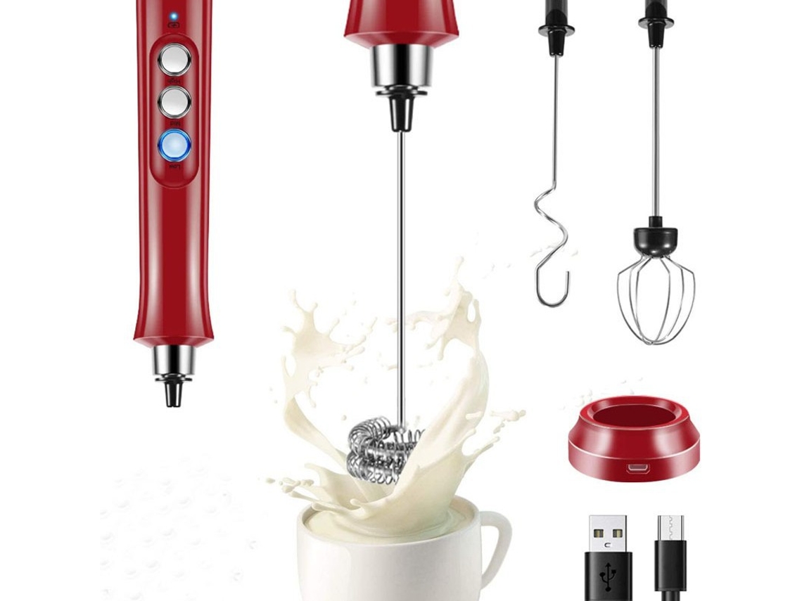 Espumador de leche, batidora recargable por USB con 3 varillas, ideal para café, capuchino, chocolate caliente y huevos (rojo) Cuich