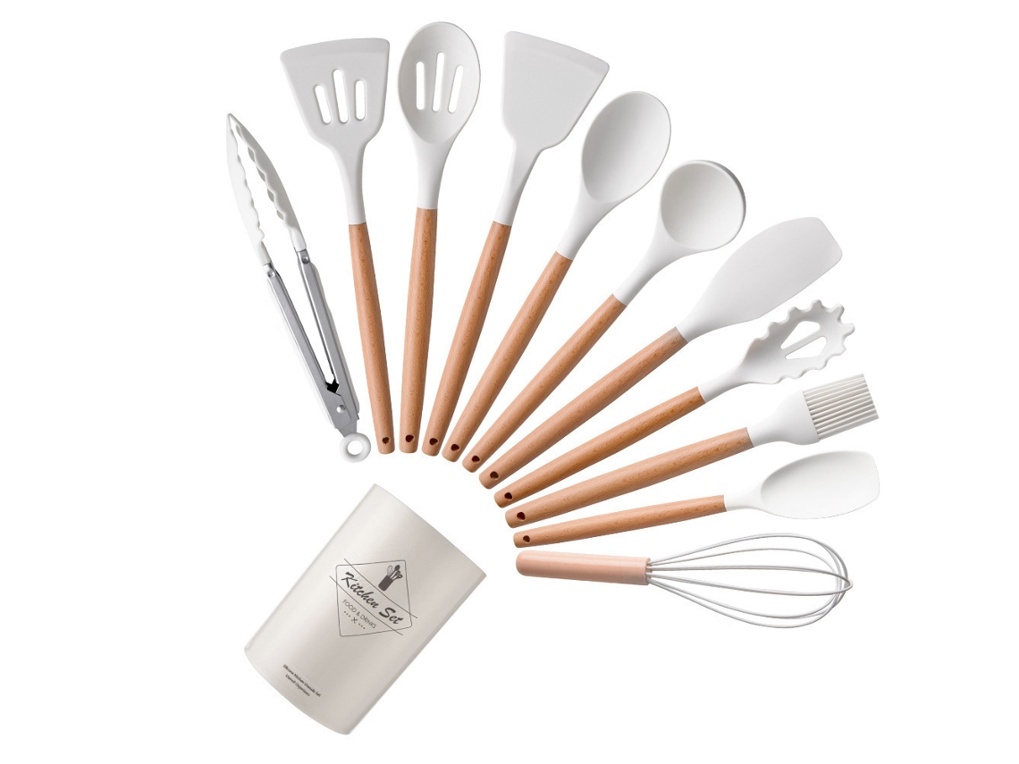 Conjunto de Utensílios de Cozinha 12 Peças Conjunto de Panelas Resistentes Ao Calor de Silicone com Cabo de Madeira-Branco GERTIZ