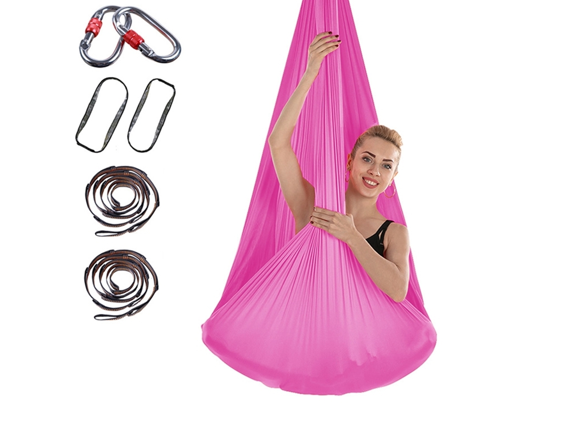 Hamaca de yoga de 400 x 280 cm con correa de extensión y cierre (rojo rosado)
