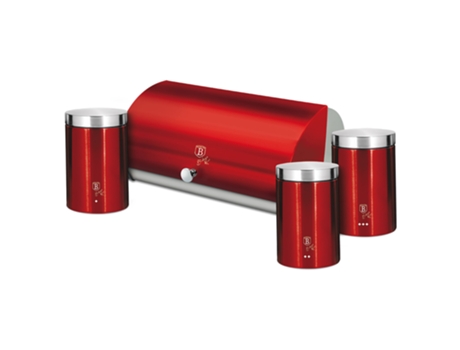 Panera de Mesa +Juego 3 Botes Cocina Almacenaje BERLINGER HAUS Contenedor de Pan con Tapa (Rojo - Aço Inoxidável)
