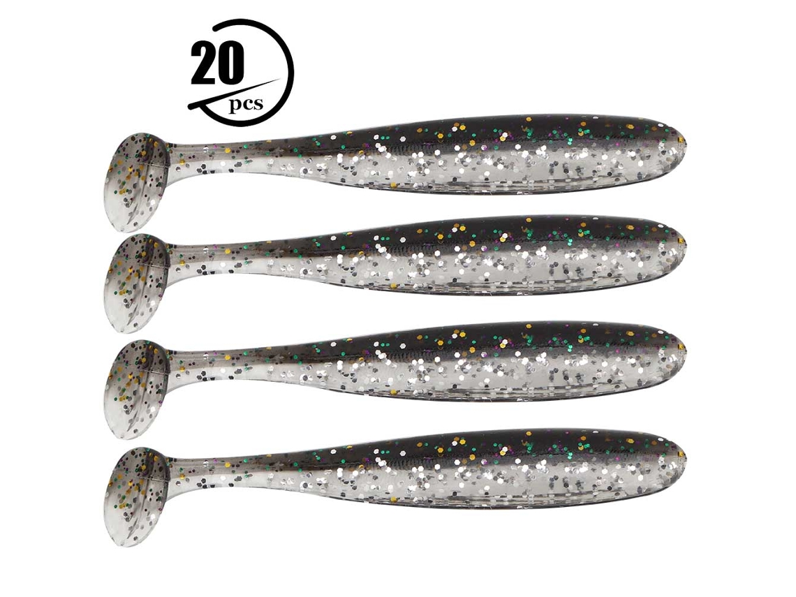 Señuelo de pesca de plástico blando con cola en T, 7,5 cm, color negro, 20 unidades.