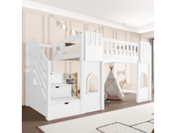 Cama Alta De 90x200 Cm Con Escalera De Almacenamiento Y Ventana, Cama Infantil Blanca