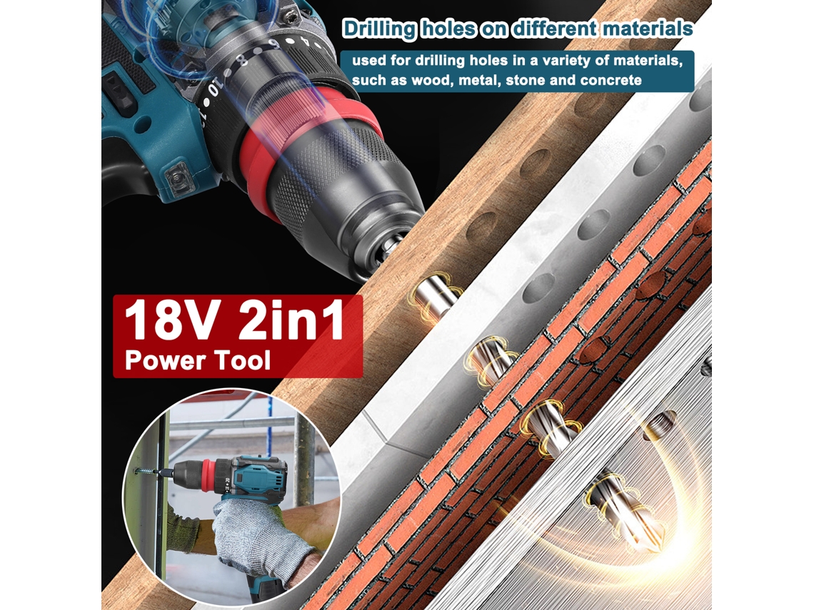 Taladro/atornillador inalámbrico 2 en 1 de 18 V con motor sin escobillas de 45 nm