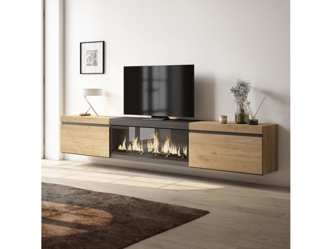 Mueble TV, Televisión, 267x45x35 cm, Para TV gran formato, Chimenea eléctrica XXL, Colgado, Suspendido, Roble y negro SKRAUT HOME