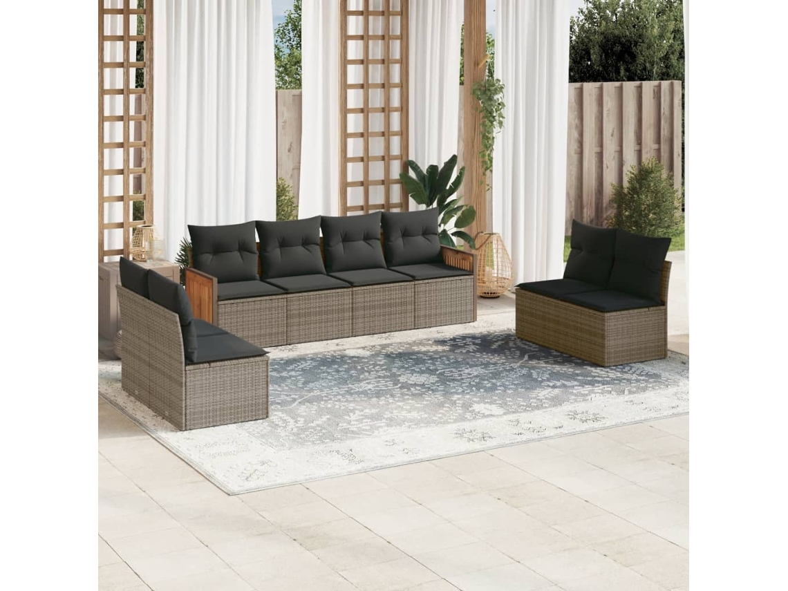Conjunto de sofá de jardín de 8 piezas con cojines, ratán gris, DKD Home Decor