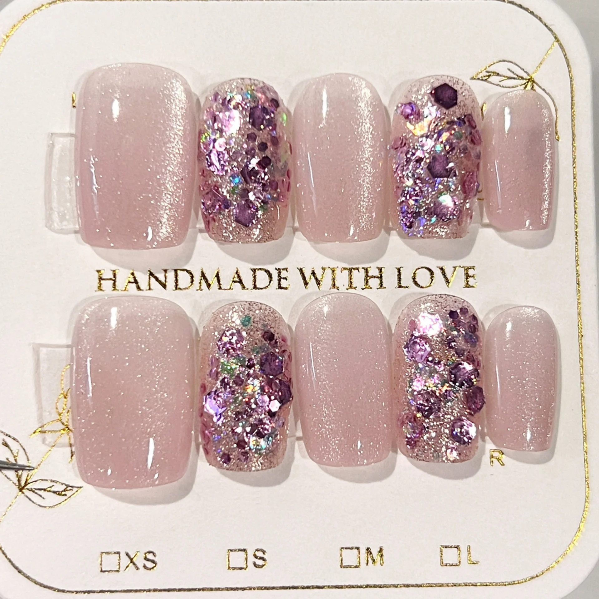 (tsp108-xs) 10 Uñas Postizas Cortas Rectangulares Hechas A Mano, Estilo Ojo De Gato.