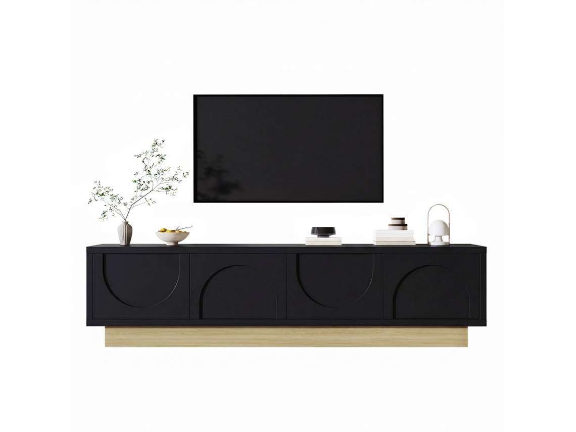 Mueble Tv 175 Cm - Diseño Curvo Con Veta Madera Y Gestión De Cables - Negro