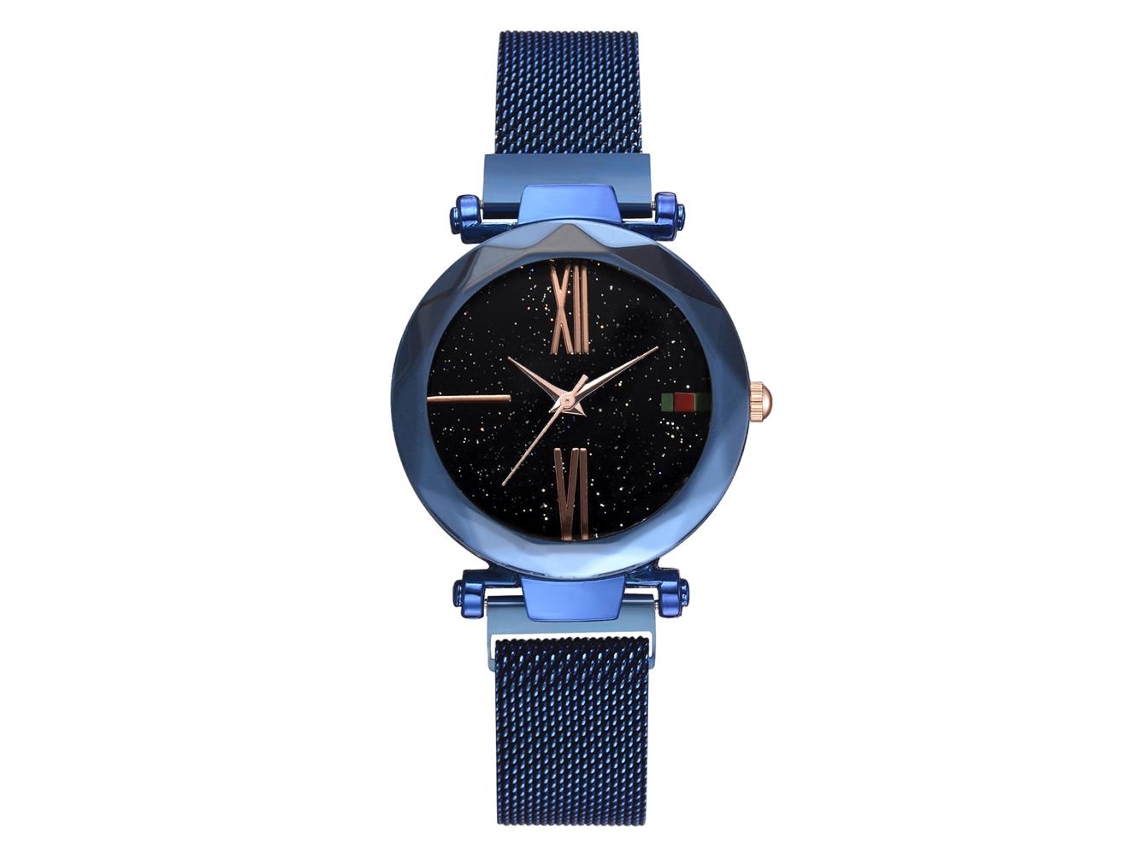 Reloj Casual De Cuarzo Para Mujer Con Correa De Malla De Aleación, Plateado Y Negro, Esfera Azul Oscuro, Zhoulianfa
