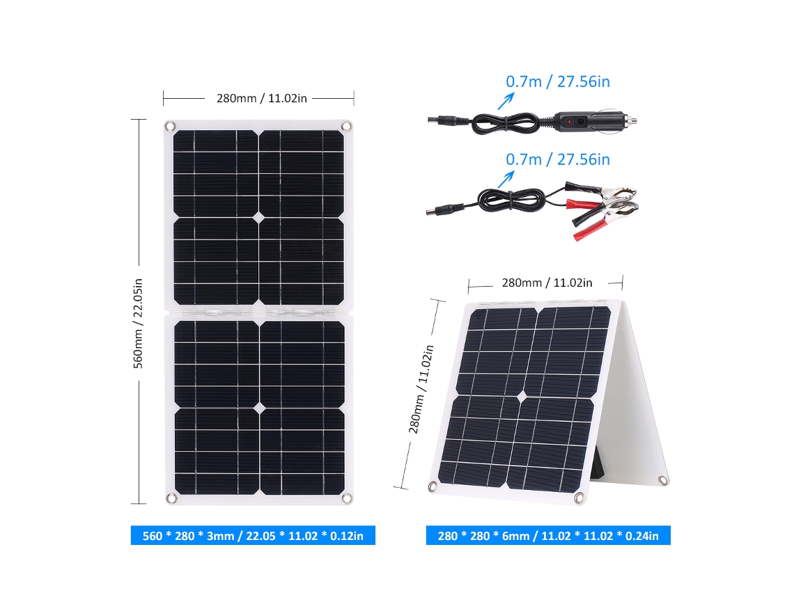 Panel solar plegable de 50 W (modelo 2026) con salidas de CC, USB y tipo C, de alto rendimiento y resistente al agua (IP65) para autocaravanas, coches, barcos y dispositivos electrónicos.