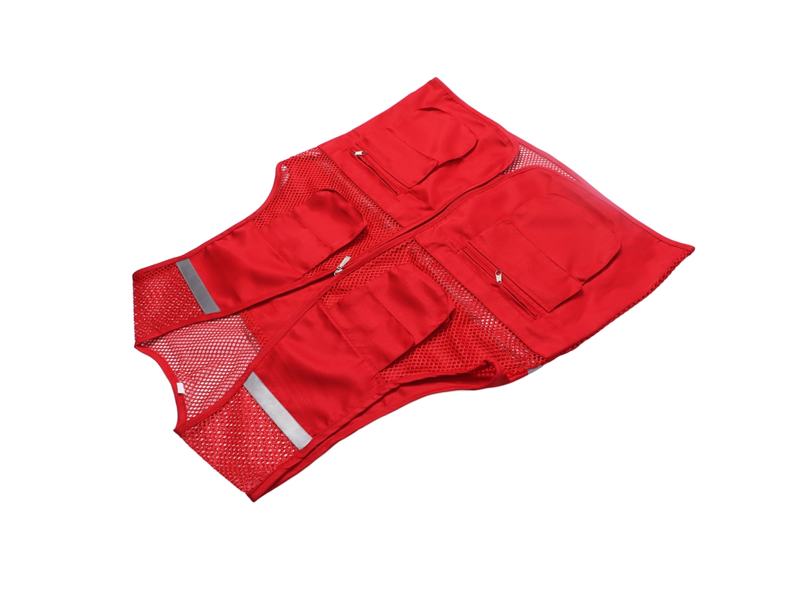 Chaleco Reflectante De Trabajo Con Malla Y Múltiples Bolsillos, Cuello En V, Cremallera, Xxl, Rojo.