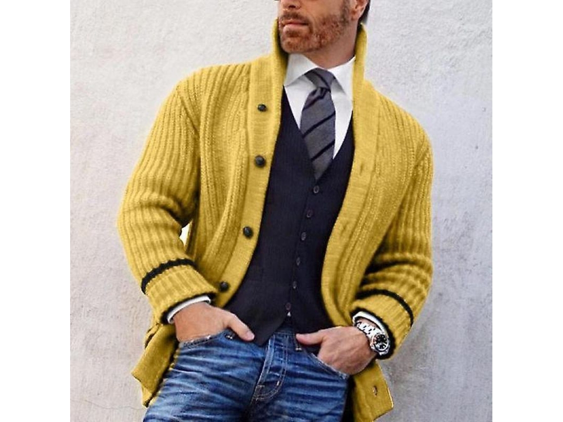 2026-9379-suéter Casual De Otoño Para Hombres Con Botones Y Cuello Alto Slim Fit Talla S-xxxl Amarillo Rojo Caqui Negro Gris L Amarillo
