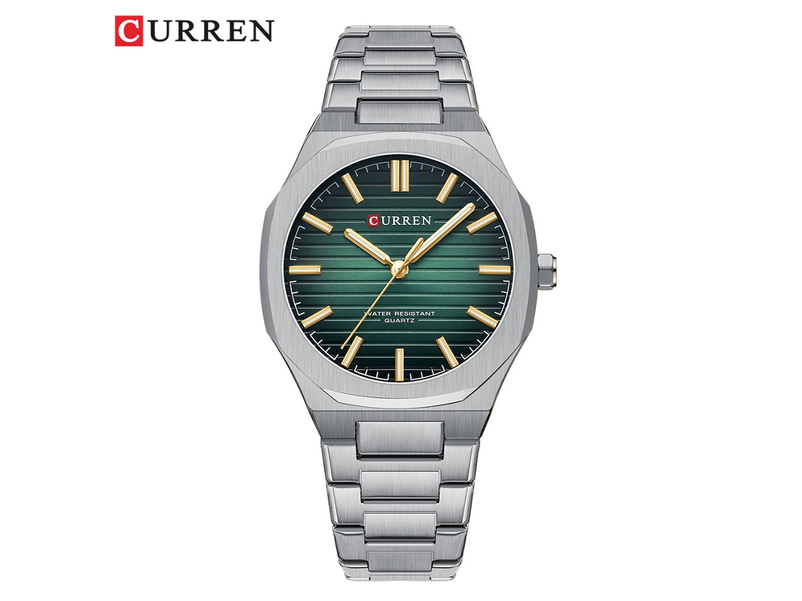 Reloj De Pulsera Informal De Cuarzo Para Hombre (plateado Y Verde), Con Correa De Acero Y Diseño Sencillo A Rayas.