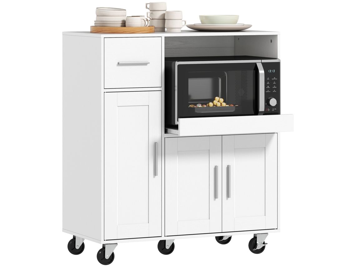 Carrito de cocina con ruedas, microondas, cajón, armario, blanco, multiusos