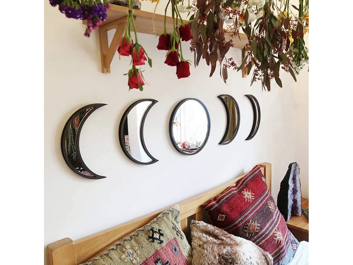 Espejo de fase lunar de acrílico y madera para decoración de pared bohemia