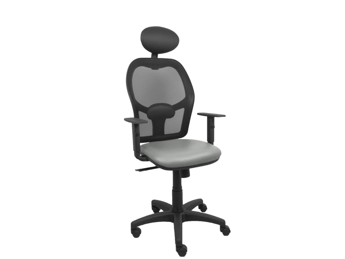 Silla de oficina Alocén con mecanismo Syncro, tapizada en piel sintética, color gris y malla negra.