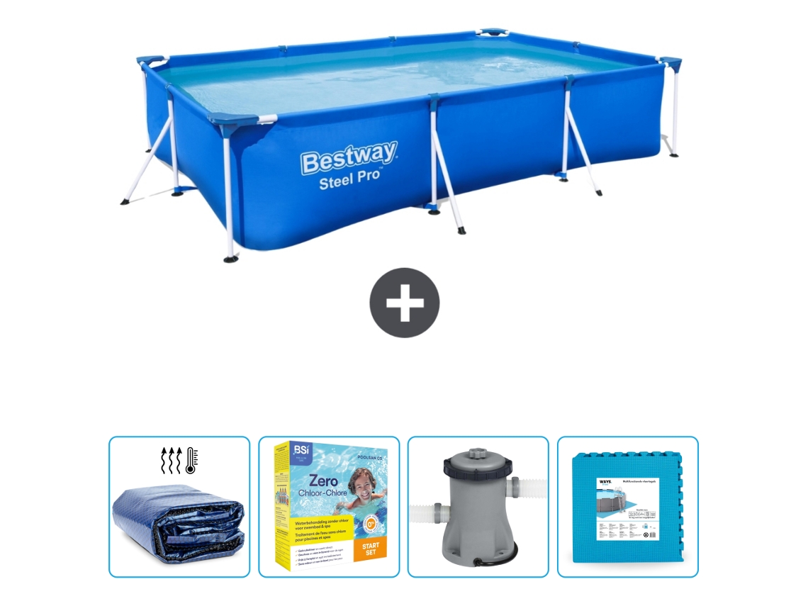 Piscina BESTWAY Rectangular Steel Pro - 300 x 201 x 66 cm - Azul - Incluida Vela solar - Paquete de mantenimiento - Bomba - Baldosas