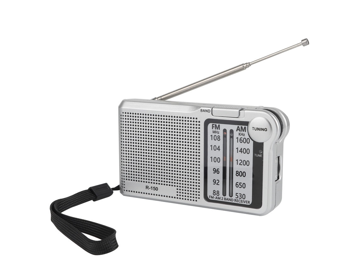 Radio portátil AM/FM con altavoz y conector para auriculares. Funciona con pilas AA. Mdug (plateado).