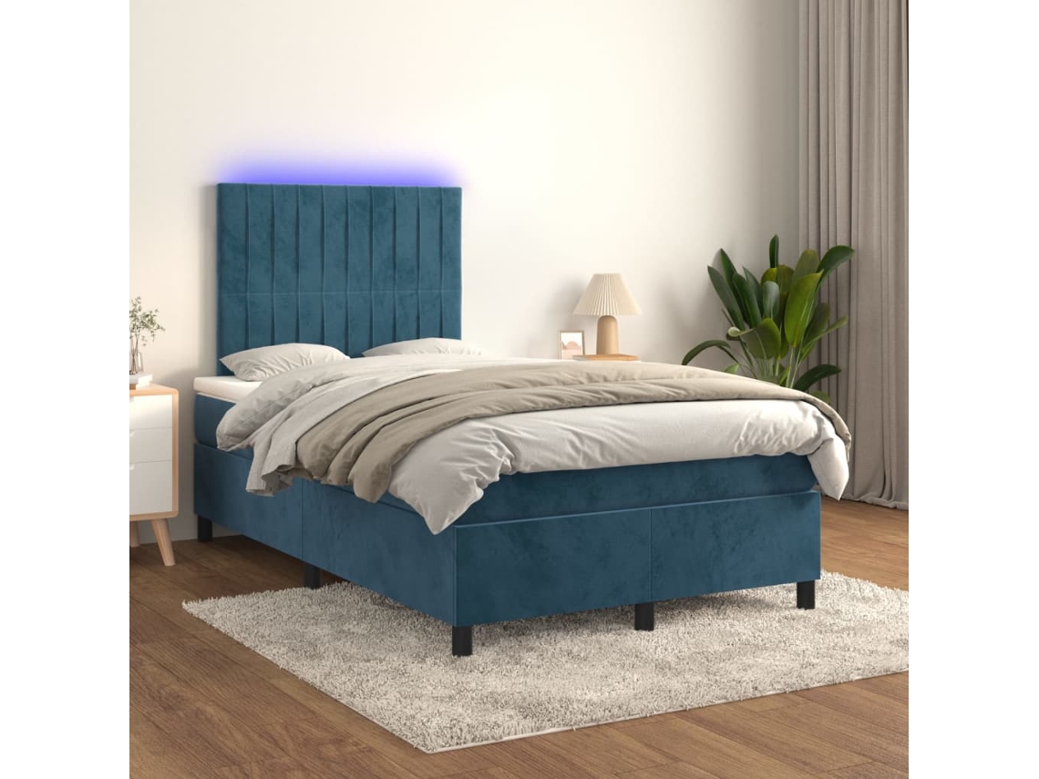 Cama Box Spring Colchón Y Led Terciopelo Azul Oscuro 120x200 Cm