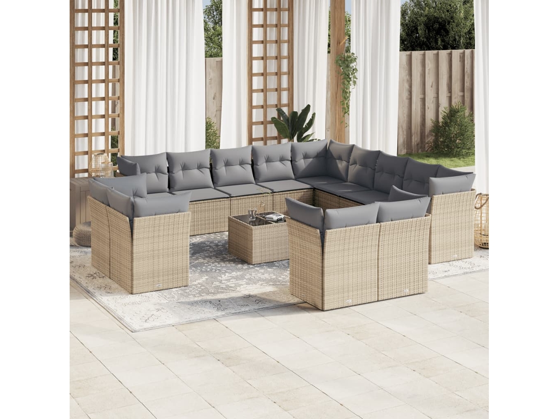 Conjunto de sofá de jardín de 14 piezas con cojines, mimbre sintético beige, Dkd Home Decor