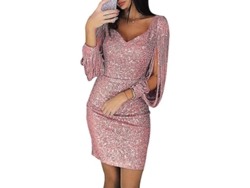 Vestido De Secuencias Para Mujer Con Cuello V Profundo Mangas Largas Con Tassel Corto Brillo Coexxlpink Xxl Rosa