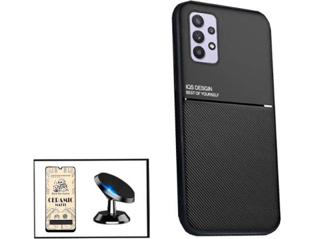 Kit Funda Magnetic Lux, Cristal Templado CeramicGlass Full Cover y Soporte Magnético de Coche Samsung Galaxy M32 5G PHONECARE Negro