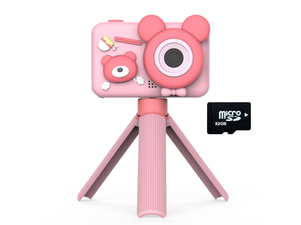 Cámara digital Eifson con trípode, pantalla HD de 1080p, 2 pulgadas, tarjeta de 32 g (oso rosa)