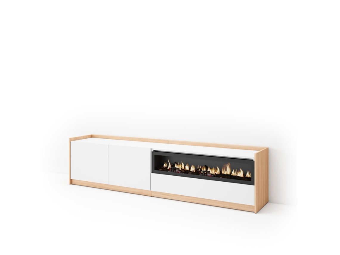 Mueble para TV, 207x37x50cm, para televisores de hasta 80'', chimenea eléctrica, blanco y roble claro.
