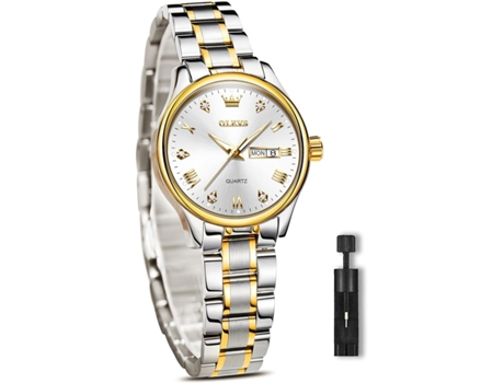 VEANXIN Reloj de Cuarzo con Diamantes para Mujer Calendario Reloj Impermeable con Fase Lunar(oro blanco plata)