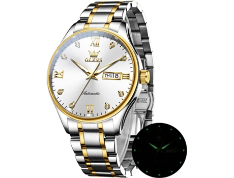 VEANXIN Reloj automático para hombre Calendario mecánico Reloj de negocios de acero inoxidable luminoso resistente al agua(Oro Blanco)