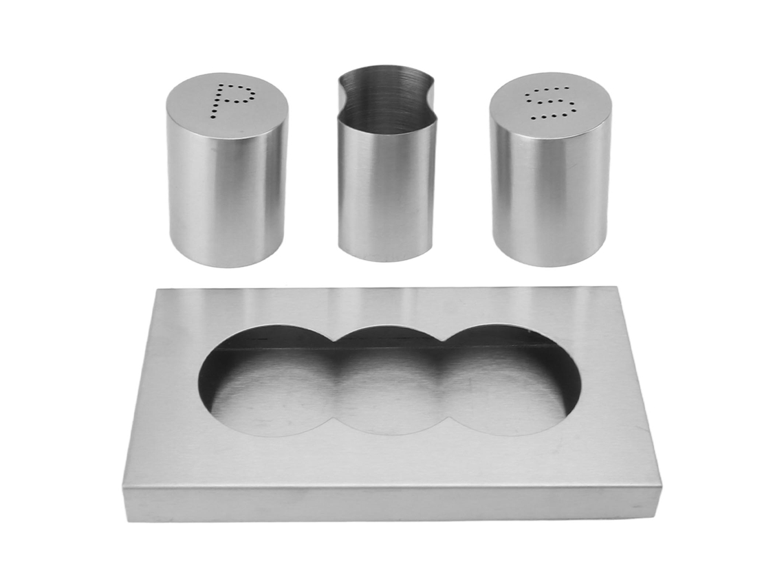Juego de salero y pimentero de acero inoxidable con soporte para palillos y bandeja, accesorios de cocina, sin marca.
