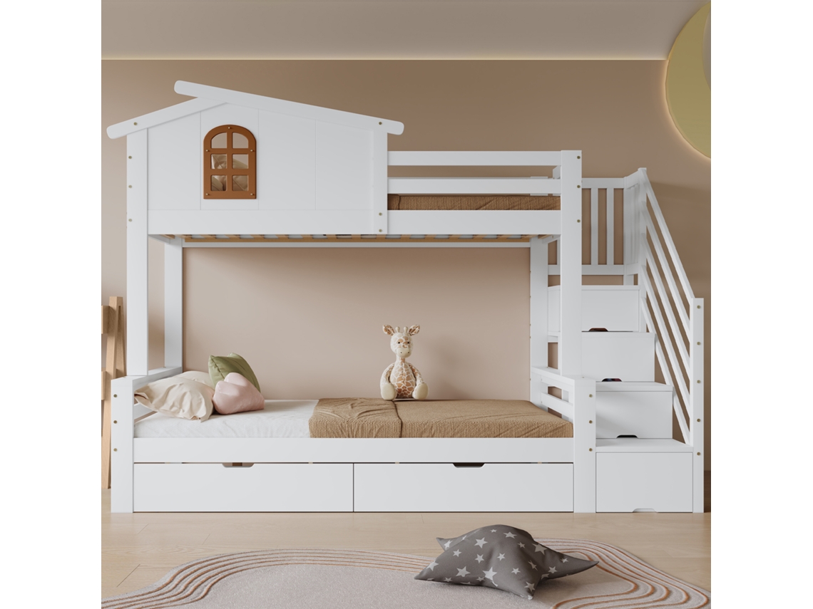 Litera con dos cajones, 90x200 cm y 120x200 cm, ventanas decorativas, armario esquinero, acabado blanco/natural, marca Mobrio.