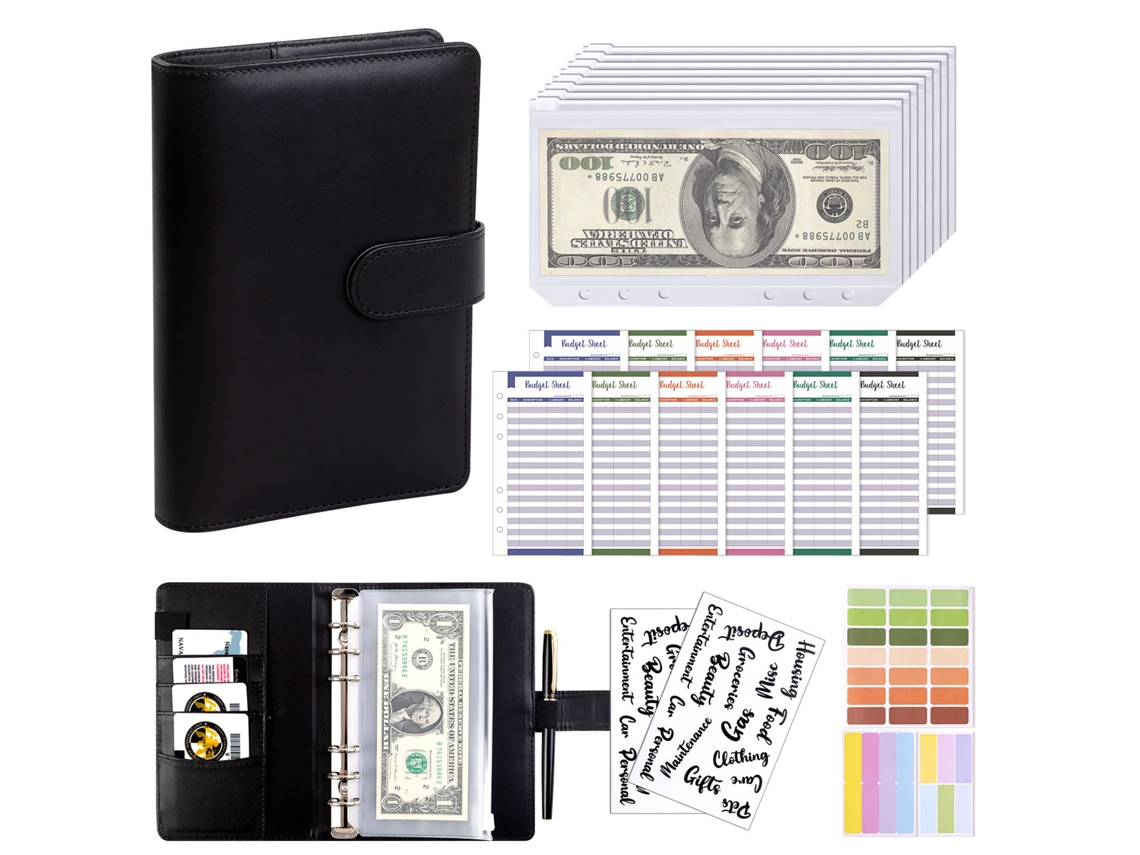 Cuaderno Siurn A6 de hojas sueltas en cuero sintético con 8 sobres A6 con cremallera para presupuestos en efectivo, color negro